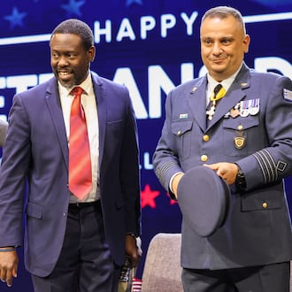 From left to right, Beavercreek Mayor Don Adams, Beavercreek Seventh-day Adventist Church pastor Delthony Gordon and Col. Gerorgios Tzamalis of the Hellenic Air Force stand during a Veterans Day ceremony on Tuesday, Nov. 11 at Be Hope Church in Beavercreek. Tzamalis was a featured speaker and one of several members of international militaries to attend. BRYANT BILLING/STAFF