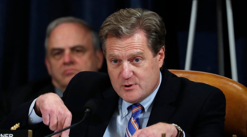U.S. Rep. Mike Turner (R-OH) questions Ambassador Kurt Volker, former special envoy to Ukraine, and Tim Morrison, a former official at the National Security Council, as they testify before the House Intelligence Committee on Capitol Hill November 19, 2019 in Washington, DC. The committee heard testimony during the third day of open hearings in the impeachment inquiry against U.S. President Donald Trump, whom House Democrats say held back U.S. military aid for Ukraine while demanding it investigate his political rivals. (Photo by Jacquelyn Martin - Pool/Getty Images)