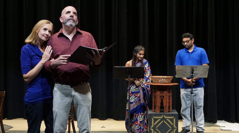 Megan Cooper (Gayle), Alex Carmichal (Aakil), Trisha Chatterjee (Deepshikha), Neal Patel (Saresh) rehearse their roles in Holly Hepp-Galvan's "Lakshmi Counts Her Arms and Legs'' being presented at FutureFest July 16. CONTRIBUTED