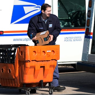 FILE - A U.S. Postal Service employee loads parcels outside a post office in Wheeling, Ill., on Jan. 29, 2024. (AP Photo/Nam Y. Huh, File)