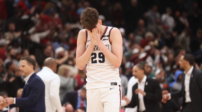 Dayton's Amael L'Etang reacts after a loss to Saint Joseph’s on Friday, March 14, 2025, in the quarterfinals of the Atlantic 10 Conference tournament at Capital One Arena in Washington, D.C. David Jablonski/Staff