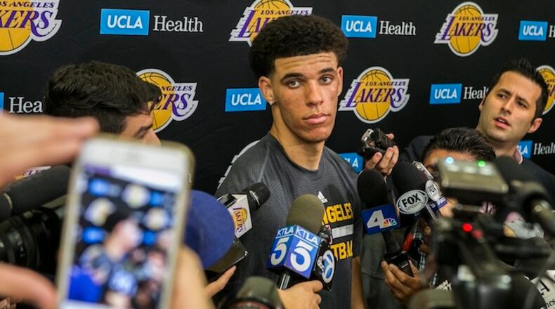 University of California Los Angeles guard Lonzo Ball takes questions from the media after a closed Los Angeles Lakes pre-draft workout in El Segundo, Calif., Wednesday, Jun. 7, 2017. (AP Photo/Damian Dovarganes)