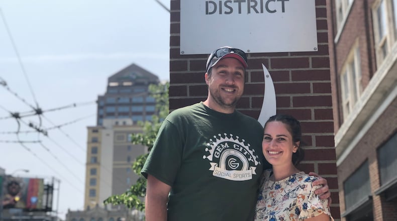 Kelsey Calderone and Nathan Omlor, the founders of Gem City Social Sports, plan to open a new business at 123 E. Third St. Called Two Social, the business will offer axe throwing, bocce ball, giant pong, giant Jenga and other adult games. CORNELIUS FROLIK / STAFF
