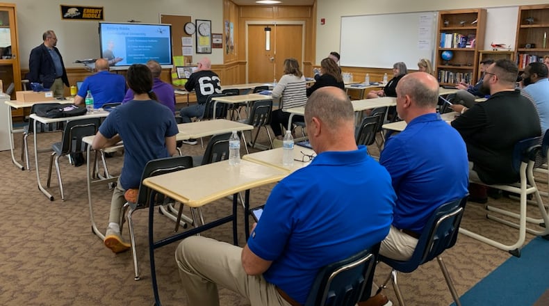 An Ohio drone program meeting was held Wednesday, May 8, at Emmanuel Christian Academy, with leadership from Embry-Riddle’s Gaetz Aerospace Institute, state representatives, officials and administration from local schools in the area and others not a part of the program that are interested in getting more information. Brooke Spurlock/Staff