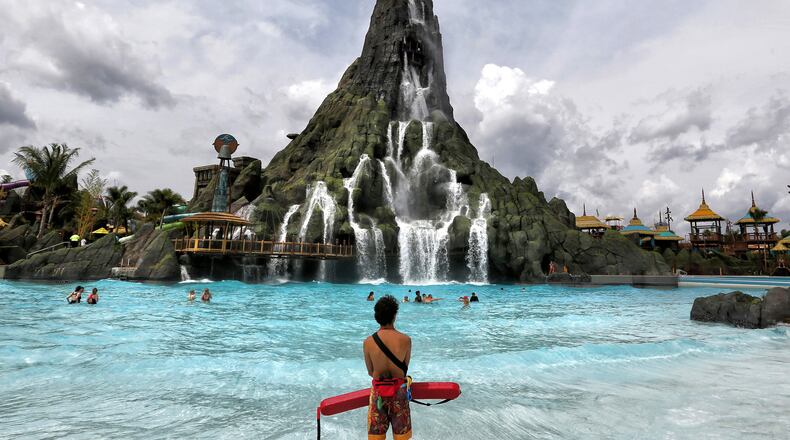 A view of the Krakatau volcano, the centerpiece water attraction at Universal Orlando’s Volcano Bay, during a media preview, Wednesday, May 24, 2017, in Orlando, Fla. Volcano Bay is Universal Orlando’s newest park and opens to the public on Thursday. (Joe Burbank/Orlando Sentinel/TNS)