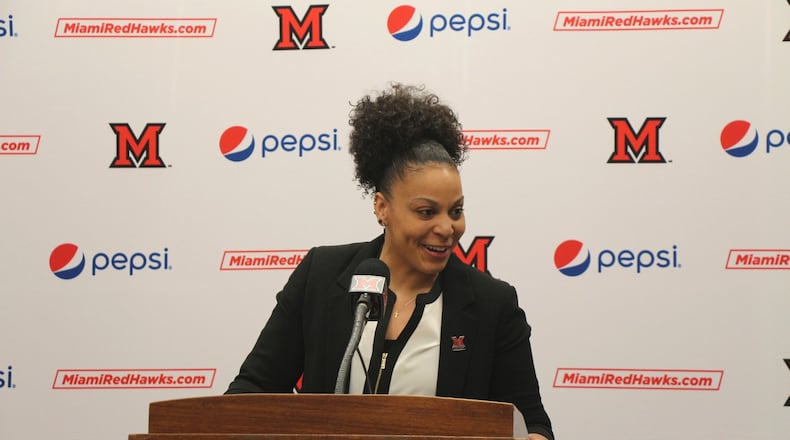 DeUnna Hendrix was introduced Wednesday as the new women’s basketball coach at Miami Univeristy. Greg Billing/CONTRIBUTED