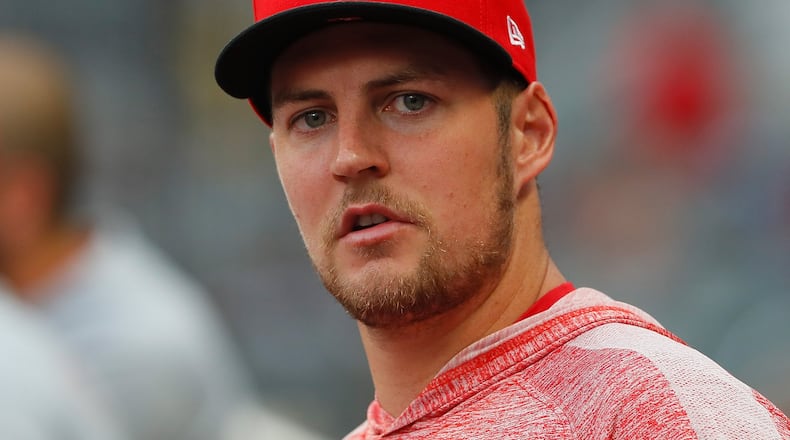 ATLANTA, GEORGIA - AUGUST 01: Trevor Bauer #27 of the Cincinnati Reds looks on during the second inning against the Atlanta Braves at SunTrust Park on August 01, 2019 in Atlanta, Georgia. (Photo by Kevin C. Cox/Getty Images)