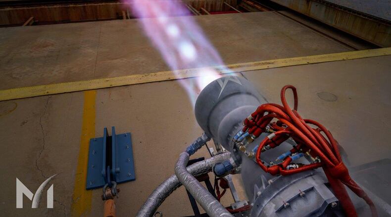 The Masten 25K lbf thrust Broadsword rocket engine. (Masten Space Systems photo/Matthew Kuhns)