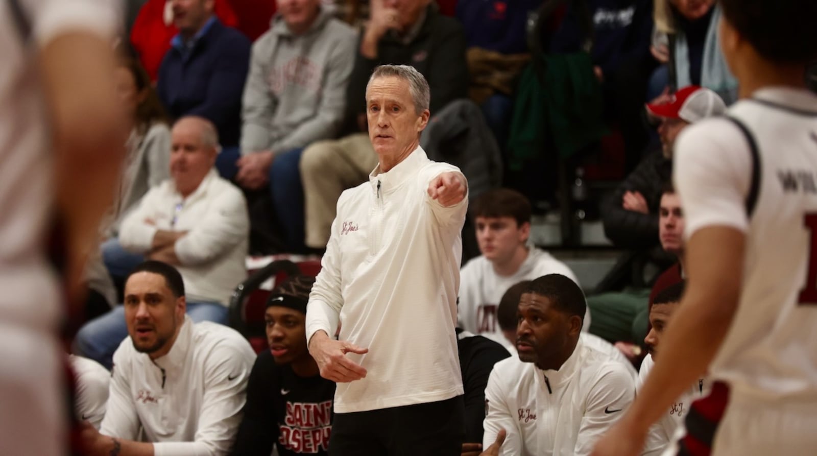 Steve Donahue, of Saint Joseph’s, coaches during a game against Dayton on Saturday, Jan. 24, 2026, at Hagan Arena in Philadelphia. David Jablonski/Staff