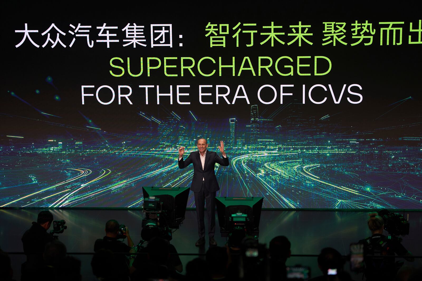 Ralf Brandstatter, Chairman and CEO of Volkswagen Group China, speaks during the media night ahead of the Auto Show in Shanghai, Tuesday, April 22, 2025. (AP Photo/Ng Han Guan)