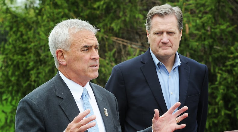 United States Representative Brad Wenstrup, left, and Intelligence Committee Chairman Mike Turner said Friday, April 21, 2023 that they are impressed with Wright-Patterson Air Force Base and its place in national defense after wrapping up two-day intelligence meeting at the base. MARSHALL GORBY\STAFF