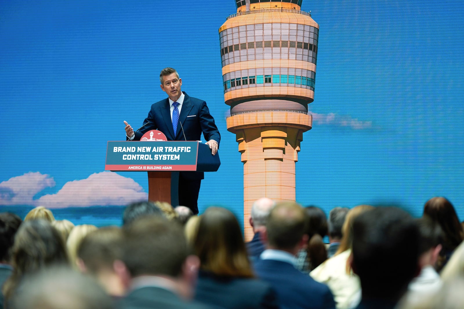 Transportation Secretary Sean Duffy announces a new air traffic control infrastructure plan, Thursday, May 8, 2025, in Washington. (AP Photo/Julia Demaree Nikhinson)