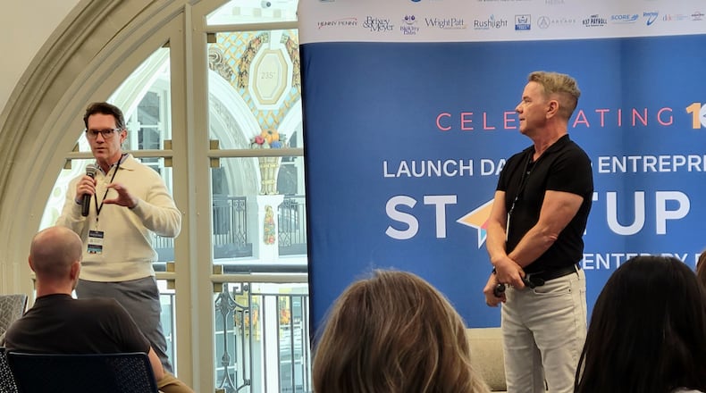 Brent Johnson (left) and Josh Stucky (right) during their Wednesday keynote on leadership in business at Launch Dayton Startup Week, Sept. 10, 2025. LONDON BISHOP/STAFF