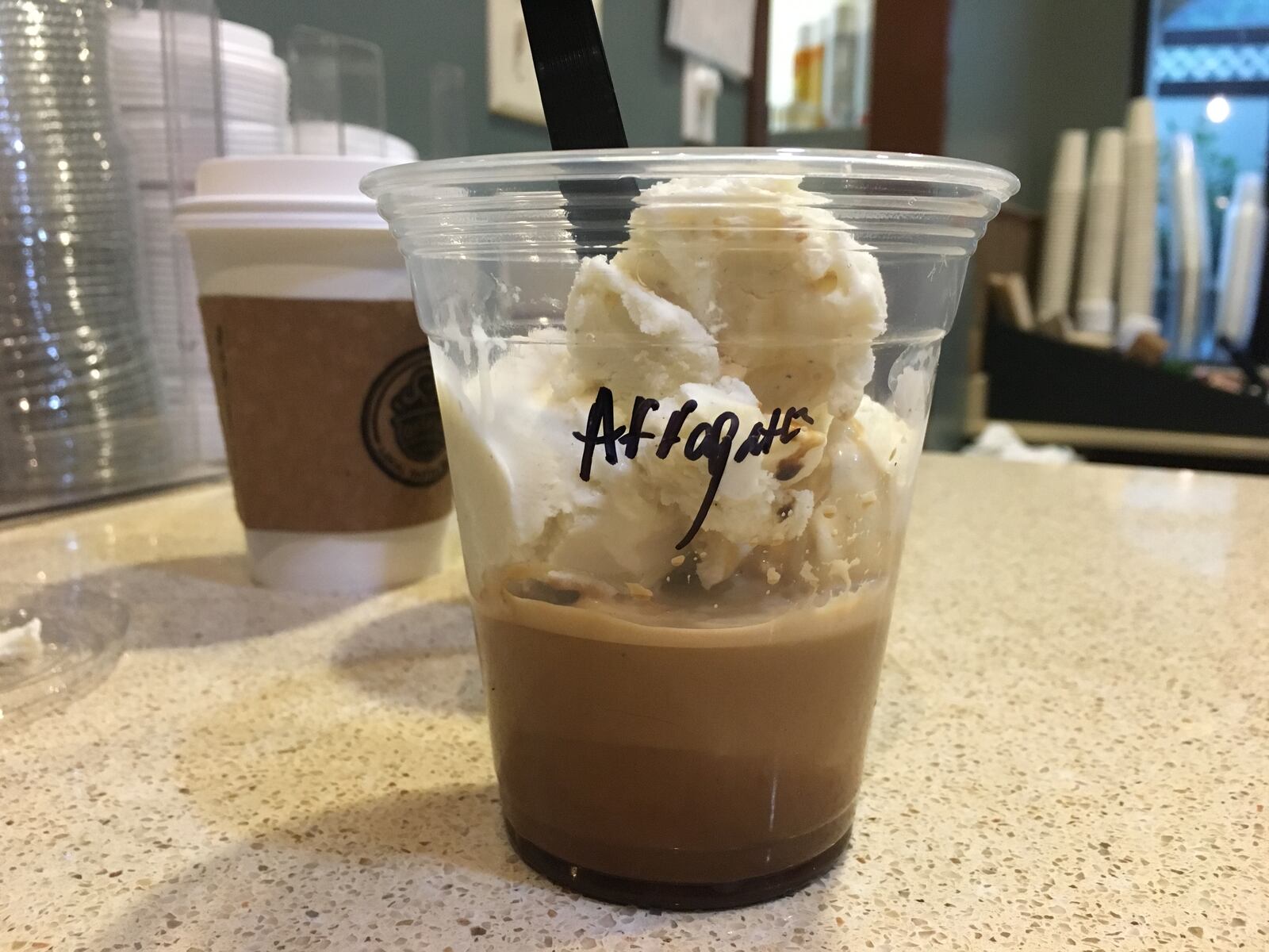 The affogato from Tastefully Roasted Coffee features vanilla bean ice cream with rich espresso poured on top.