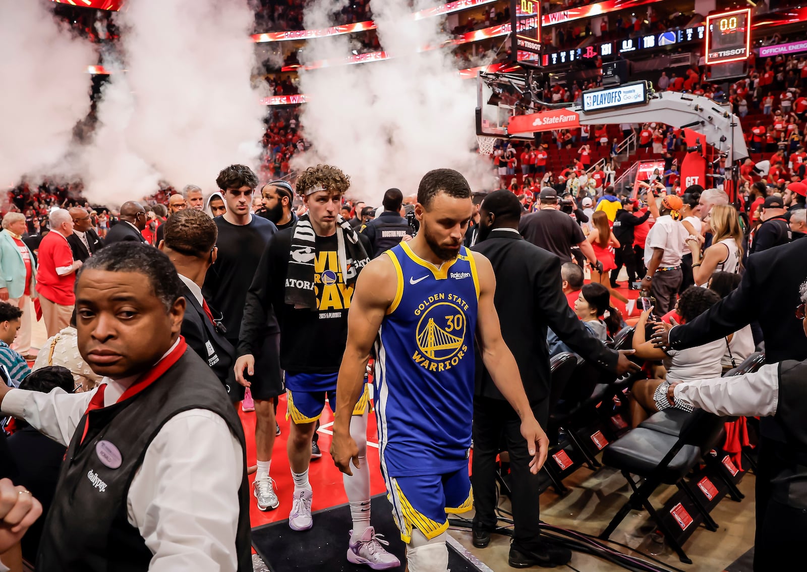 Stephen Curry (30) walks off the court after the Golden State Warriors lost to the Houston Rockets in Game 5 of the First Round of the NBA Playoffs at Toyota Center in Houston, Texas on Wednesday, April 30, 2025. (Carlos Avila Gonzalez/San Francisco Chronicle via AP)