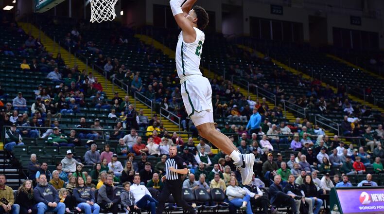 Wright State's Tanner Holden goes up for a dunk during a game vs. IUPUI at the Nutter Center on Nov. 29, 2023. Wright State Athletics photo