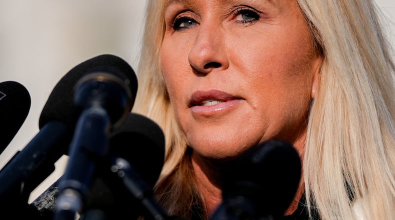 Rep. Marjorie Taylor Greene, R-Ga., speaks during a news conference on the Epstein Files Transparency Act, Tuesday, Nov. 18, 2025, outside the U.S. Capitol in Washington. (AP Photo/Julia Demaree Nikhinson)