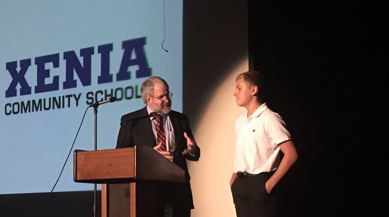 Xenia schools personnel director Michael Earley introduces newly hired teachers and principals Thursday, Aug. 16, 2018 at a school year kickoff event for district staff. JEREMY P. KELLEY / STAFF