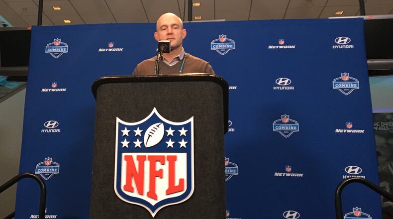 Cincinnati Bengals Director of Player Personnel Duke Tobin addresses the media at the NFL Scouting Combine in Indianapolis on Thursday. (Photo by Jay Morrison)