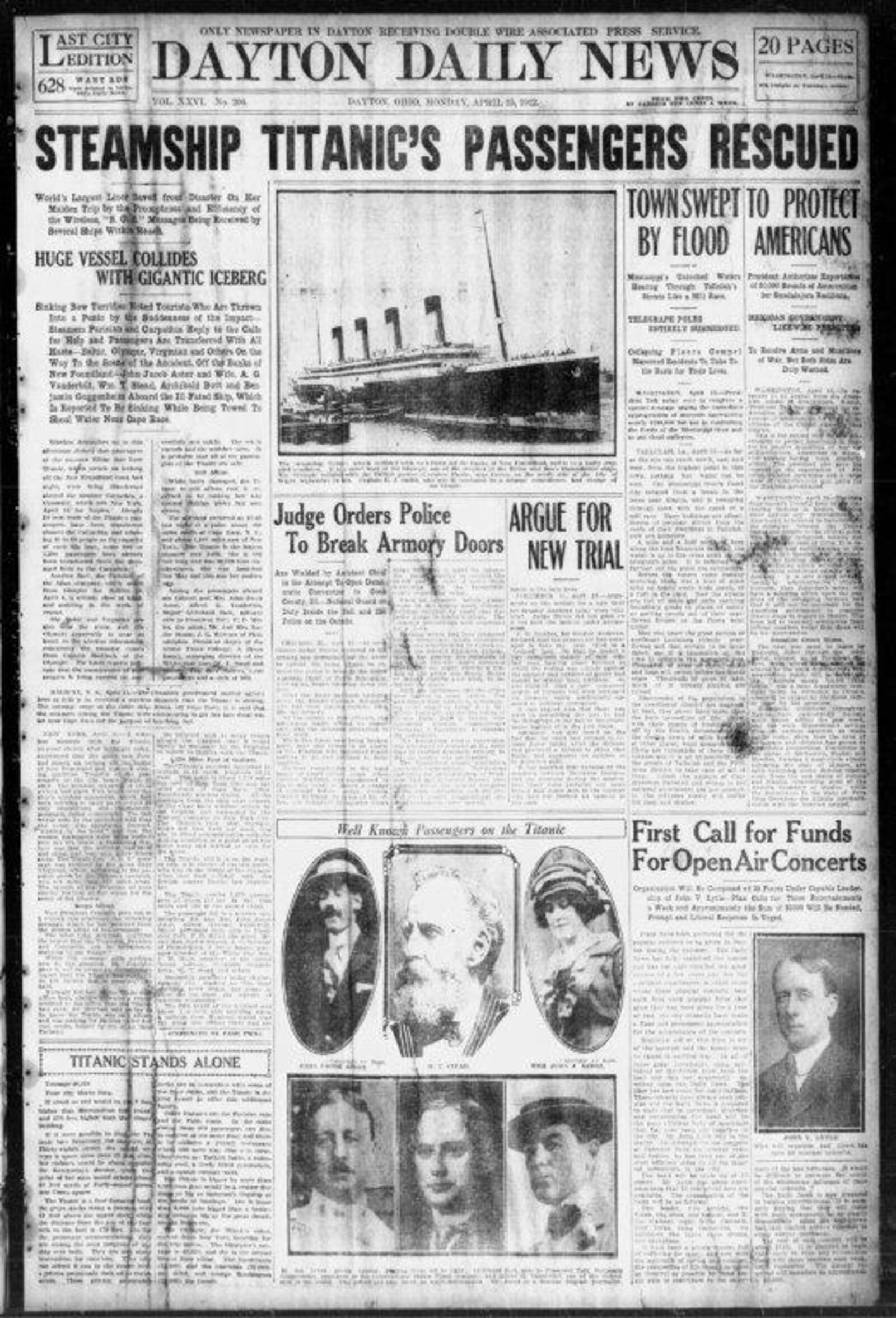 Dayton Daily News front page from April 15, 1912 covering the Titanic sinking.