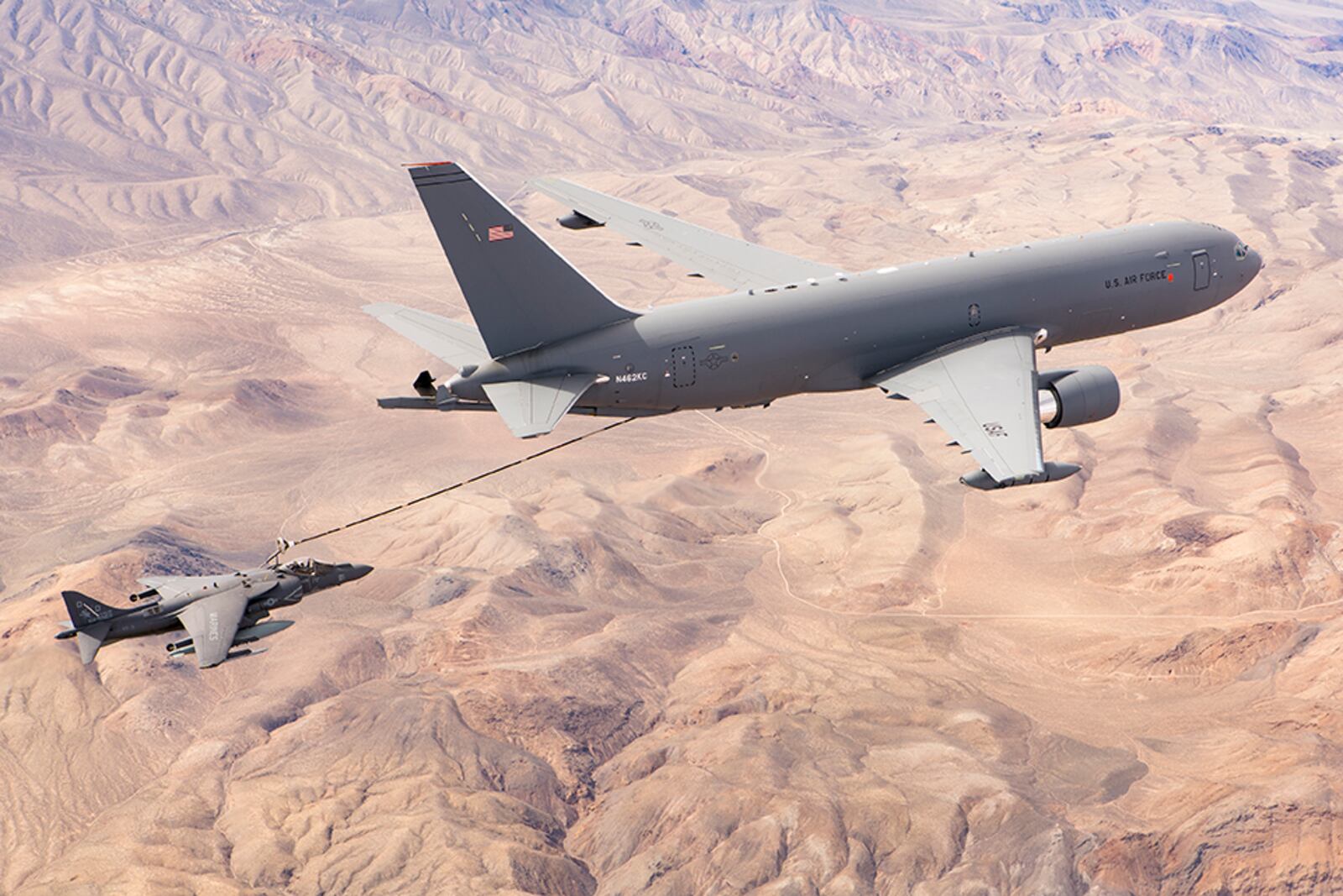 KC-46A refueling an AV8 Harrier. Boeing image.