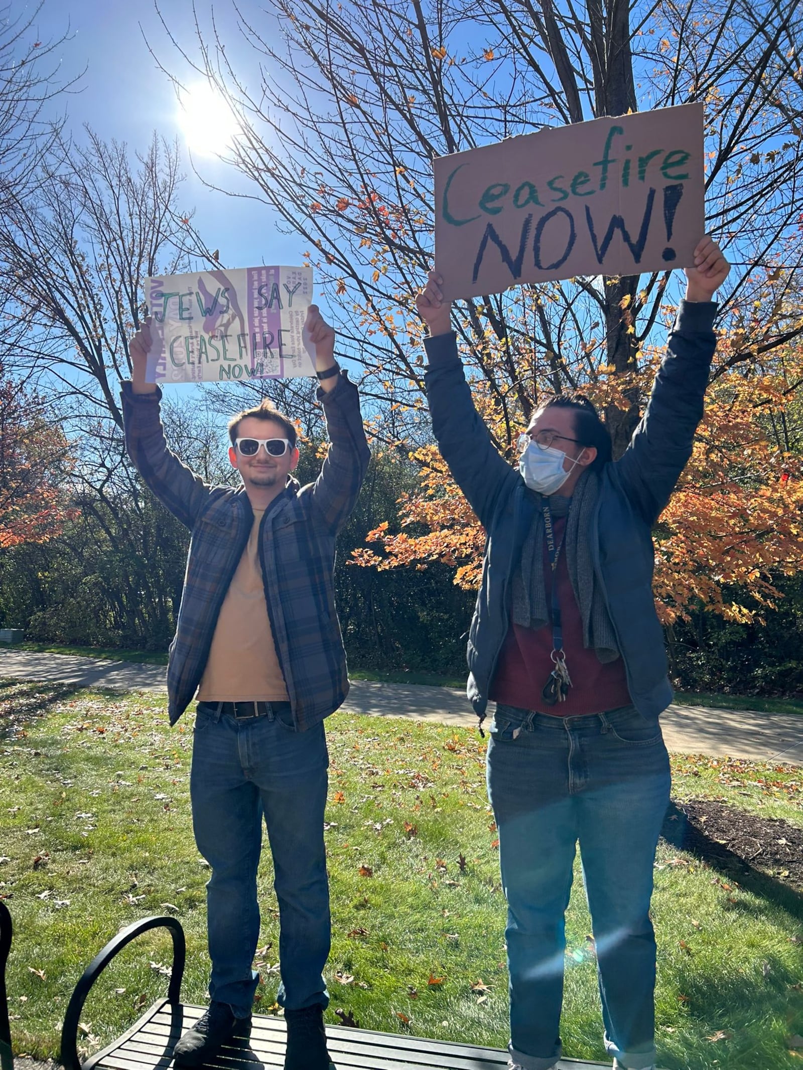 Samuel Caruso (left) at the University of Michigan in Dearborn, Nov. 9, 2023, during a ceasefire protest. CONTRIBUTED