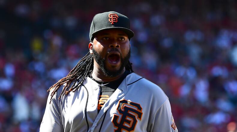 ANAHEIM, CA - APRIL 22: Johnny Cueto #47 of the San Francisco Giants reacts as he returns to the dugout after forcing Luis Valbuena #18 of the Los Angeles Angels of Anaheim to hit into a double play to end a bases loaded threat in the sixth inning of the game at Angel Stadium on April 22, 2018 in Anaheim, California. (Photo by Jayne Kamin-Oncea/Getty Images)