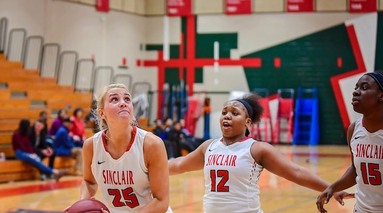 Sinclair’s Amanda Schroeder —who is No. 2 in the nation in scoring and No. 1 in free throw percentage among all NJCAA Division II players — maneuvers for a shot against Kellogg Community College. CONTRIBUTED / Eric Deeter