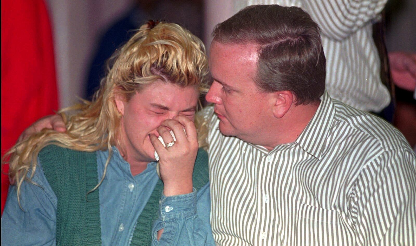 FILE - Family members wait for word about their missing relatives on April 19, 1995 at the First Christian Church in Oklahoma City, after a truck bomb exploded in the Alfred P. Murrah Federal Building. (AP Photo/J. Pat Carter, File)