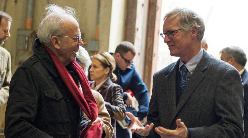Fred Eisert (right), Air Force Research Laboratory, chief of fan and compressor experimental branch, explains his branch’s mission to Ian Whittle during a tour of the branch facilities on Wright-Patterson Air Force Base, Oct. 31. Whittle is the son of the late Sir Frank Whittle, who is credited for inventing the gas turbine engine, effectively launching aircraft propulsion into the jet age. (U.S. Air Force photo/Wesley Farnsworth)