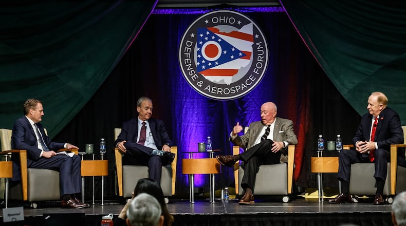 From left, Congressman Mike Turner, Dr. Tim Grayson, Gen. T. Michael "Buzz" Moseley and Lt. Gen. Robert McMurry discuss economic and strategic issues around Ohio's defense & aerospace at the forum held at Wright State University. JIM NOELKER/STAFF
