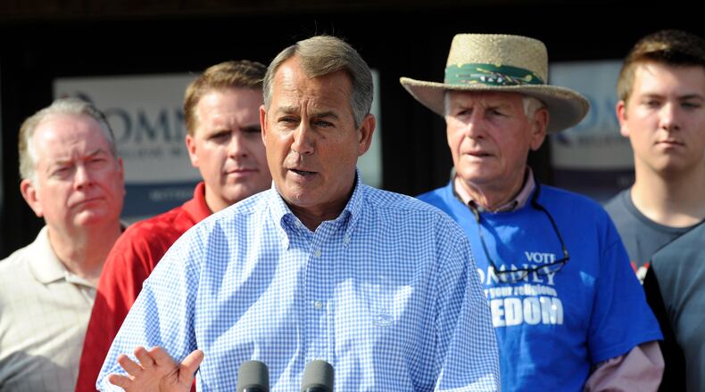 Congressman John Boehner delivers remarks at the official grand opening of the Butler County Victory Headquarters as a part of Team Ohio’s “Buckeye Blitz” in support of Governor Mitt Romney and Republican candidates on Saturday, July 7, 2012, in Liberty Twp. Staff photo by Samantha Grier