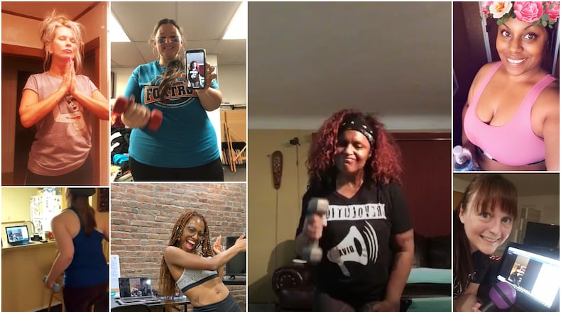 Kettering Zumba instructor Yvette "Diva" Williams ( pictured center right) teaches a nightly class on Facebook Live. Her photo is flaked by photos of her students taking the class.