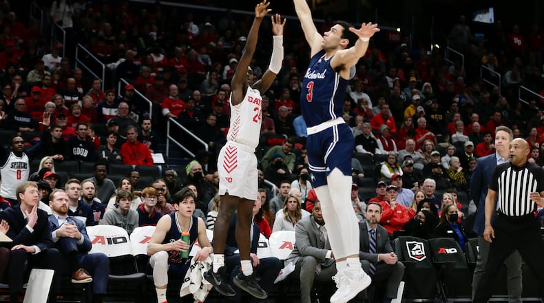 Dayton's Kobe Elvis shoots against Richmond in the semifinals of the Atlantic 10 Conference tournament on Saturday, March 12, 2022, at Capital One Arena in Washington, D.C. David Jablonski/Staff