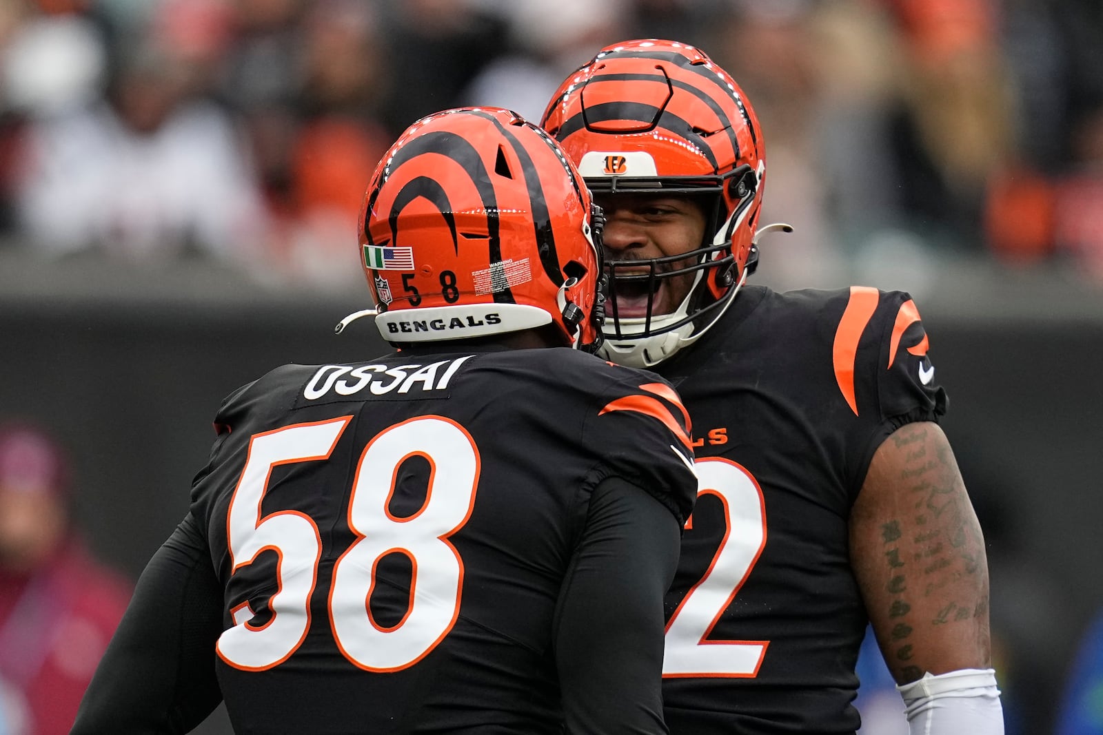 Cincinnati Bengals defensive tackle BJ Hill (92) celebrates a sack with defensive end Joseph Ossai (58) during the first half of an NFL football game against the Cleveland Browns in Cincinnati, Sunday, Jan. 7, 2024. (AP Photo/Sue Ogrocki)