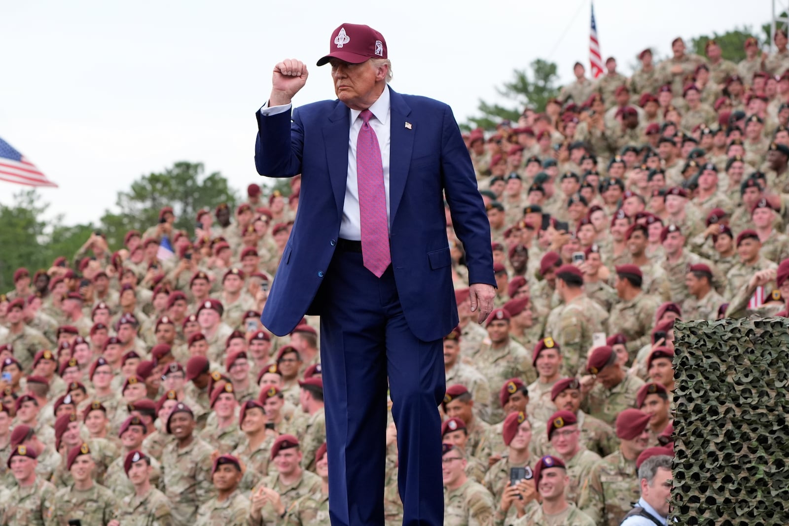 President Donald Trump gestures after speaking at Fort Bragg, Tuesday, June 10, 2025, in Fort Bragg, N.C. (AP Photo/Alex Brandon)