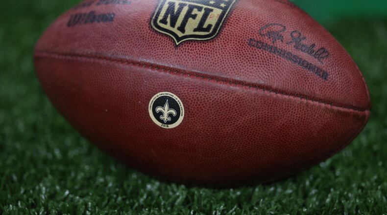 NEW ORLEANS, LA - AUGUST 17: A view of an official Wilson Sporting Goods "The Duke" football with a New Orleans Saints team logo is seen at Mercedes-Benz Superdome on August 17, 2018 in New Orleans, Louisiana. (Photo by Chris Graythen/Getty Images)