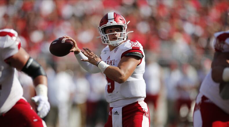 Miami (Ohio) quarterback Brett Gabbert plays against Ohio State during an NCAA college football game Saturday, Sept. 21, 2019, in Columbus, Ohio. (AP Photo/Jay LaPrete)