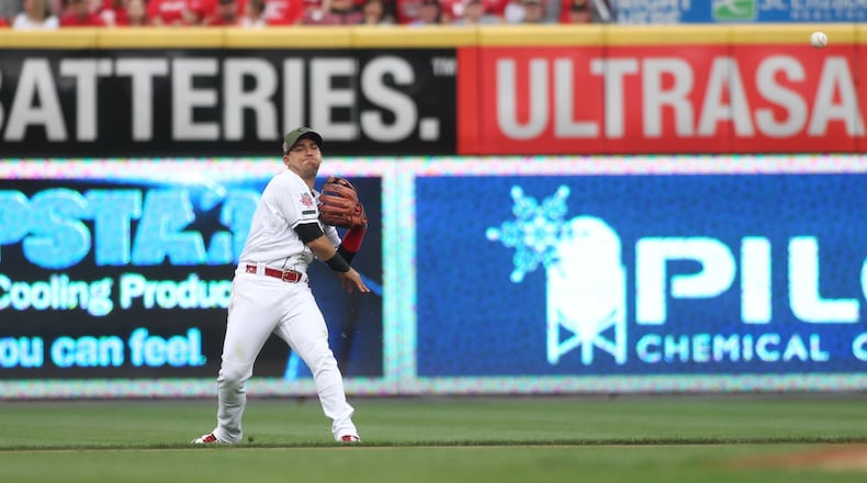Reds shortstop Jose Iglesias throws to first for an out against the Texas Rangers on Friday, June 14, 2019, at Great American Ball Park in Cincinnati.