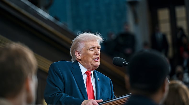 President Donald Trump delivers the State of the Union address to a joint session of Congress in the House chamber at the U.S. Capitol in Washington, Tuesday, Feb. 24, 2026. (Kenny Holston/The New York Times via AP, Pool)