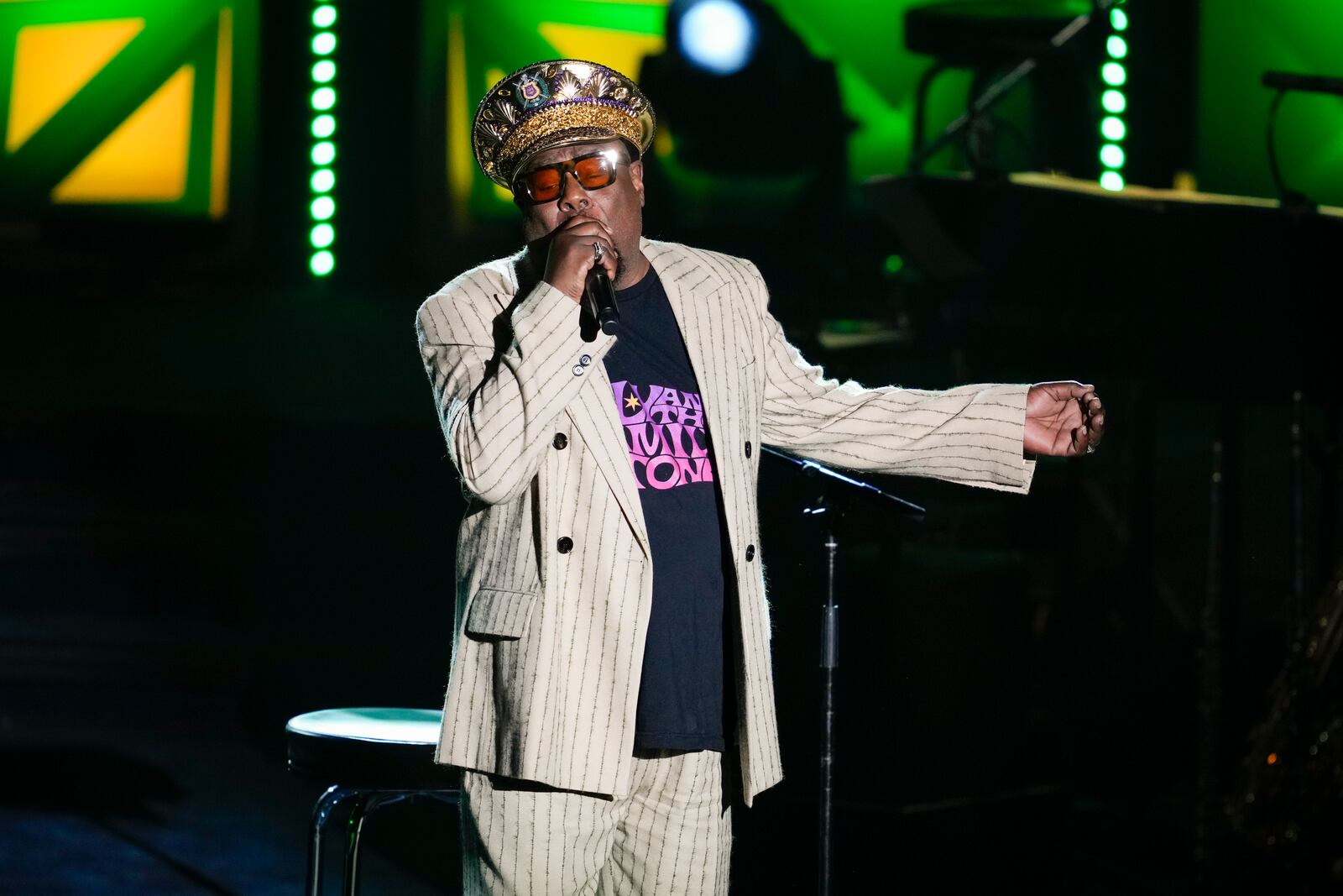 George Clinton performs during the 54th annual Songwriters Hall of Fame induction and awards gala on Thursday, June 12, 2025, at the Marriott Marquis Hotel in New York. (Photo by Charles Sykes/Invision/AP)