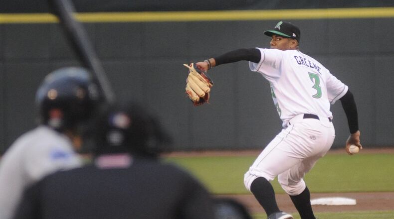 No. 1 draft choice Hunter Greene made his Dragons debut against the visiting Lake County Captains at Fifth Third Field in Dayton on Monday, April 9, 2018. MARC PENDLETON / STAFF