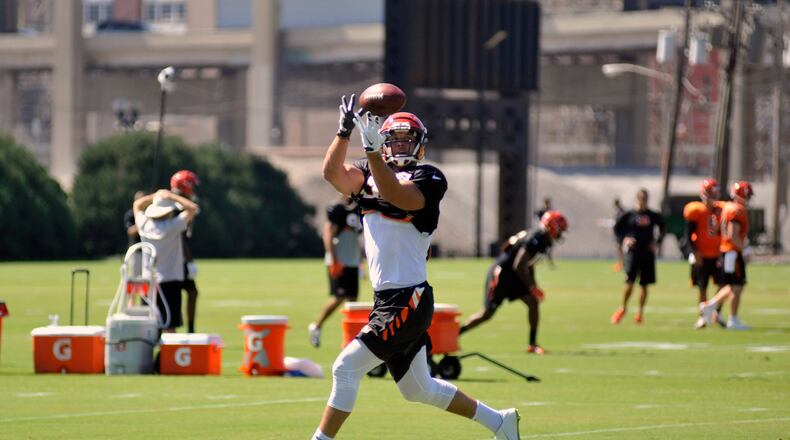 Cincinnati Bengals tight end Tyler Eifert hauls in a pass Wednesday while participating in his first practice since suffering an ankle injury in the Pro Bowl in January. JAY MORRISON/STAFF