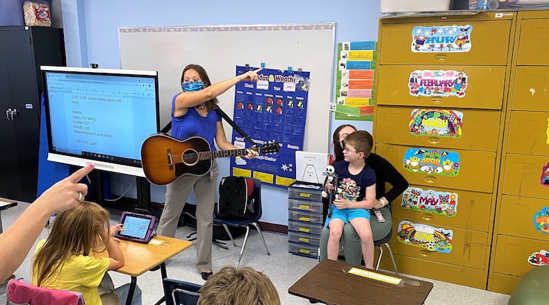 K-2 students at the Montgomery County Learning Center experience music twice a week at Learning Center West thanks to students from the University of Dayton’s Music Therapy program. UD students lead singing, rhythm activities and provide instruments for the children to experience. It is the second year of the program.