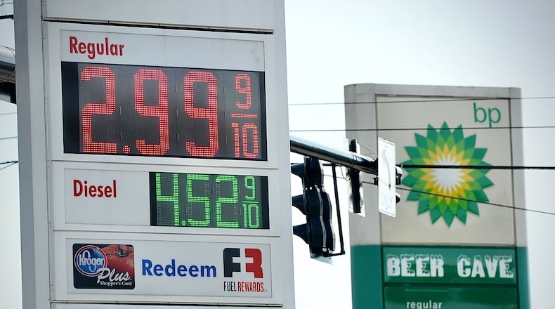 Gas prices drop below three dollars a gallon like in the stations at the intersection of Woodman and Burkhardt Monday February 6, 2023. MARSHALL GORBY \STAFF