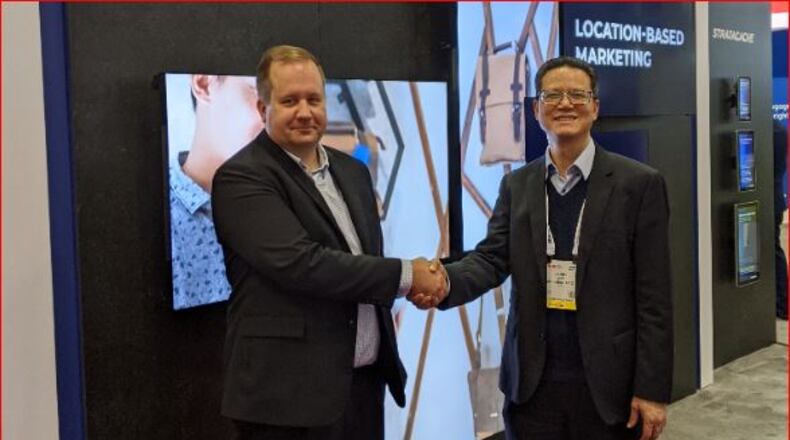 Chris Riegel, Stratacache CEO, pictured with Randy Chen, of BOE Technology Group, at the Stratacache booth at NRF 2020: Retail’s Big Show. CONTRIBUTED