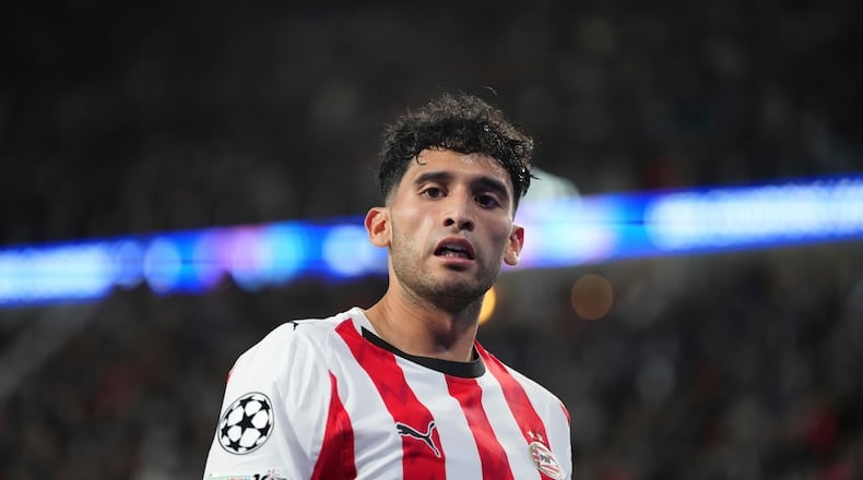 FILE - PSV's Ricardo Pepi reacts after missing a scoring chance during a Champions League opening phase soccer match between PSV and Union SG, at the PSV stadium in Eindhoven, Netherlands, Sept.16, 2025. (AP Photo/Peter Dejong, file)