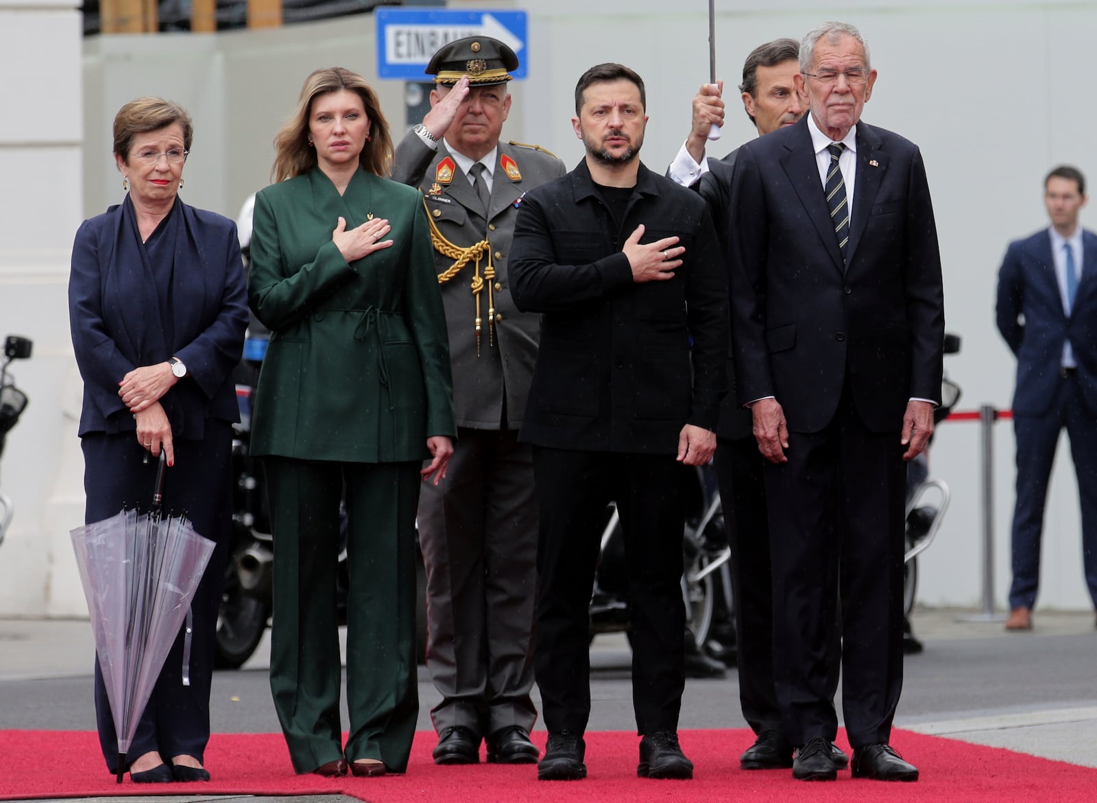 Ukraine's President Volodymyr Zelenskyy, 2nd right, his wife Elena Zelensky, 2nd left, Austrian President Alexander van Der Bellen, right, and his wife Doris Schmidauer stand together in Vienna, Austria, Monday, June 16, 2025. (AP Photo/Heinz-Peter Bader)