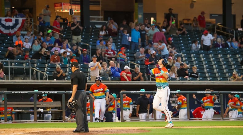 Seth Gray crosses home plate after hitting a home run for the Wichita Wind Surge during the 2023 season. Photo courtesy of Wind Surge