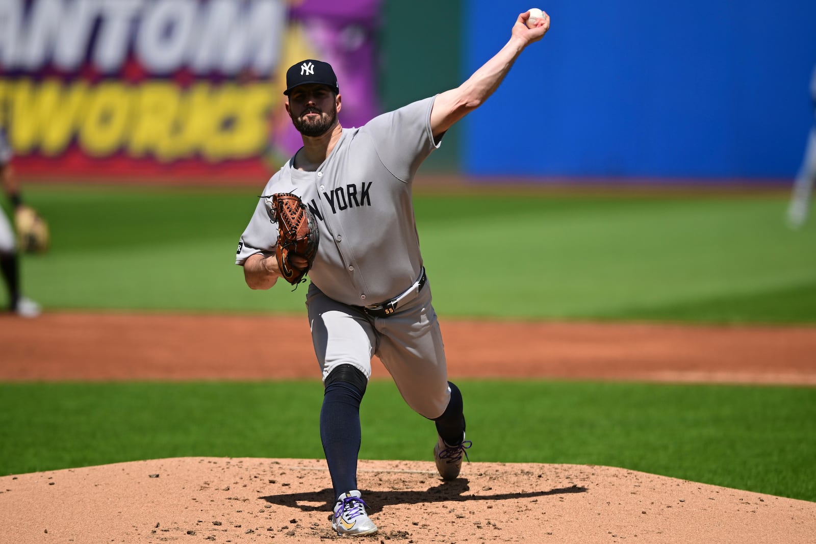 New York Yankees starting pitcher Carlos Rodon delivers during the first inning of a baseball game against the Cleveland Guardians, Wednesday, April 23, 2025, in Cleveland. (AP Photo/David Dermer)